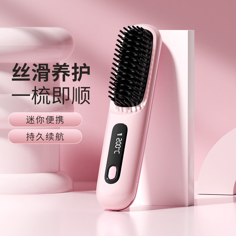 2024 New LCD USB Rechargeable Ceramic Heating Electric Comb Hair Straightener Wireless Portable Hair Straightener