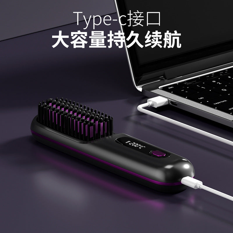 2024 New LCD USB Rechargeable Ceramic Heating Electric Comb Hair Straightener Wireless Portable Hair Straightener